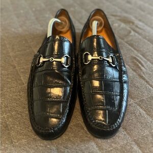 PETER MILLAR Sz 10.5 Black Croc Embossed Horsebit Leather Loafers Excellent Cond